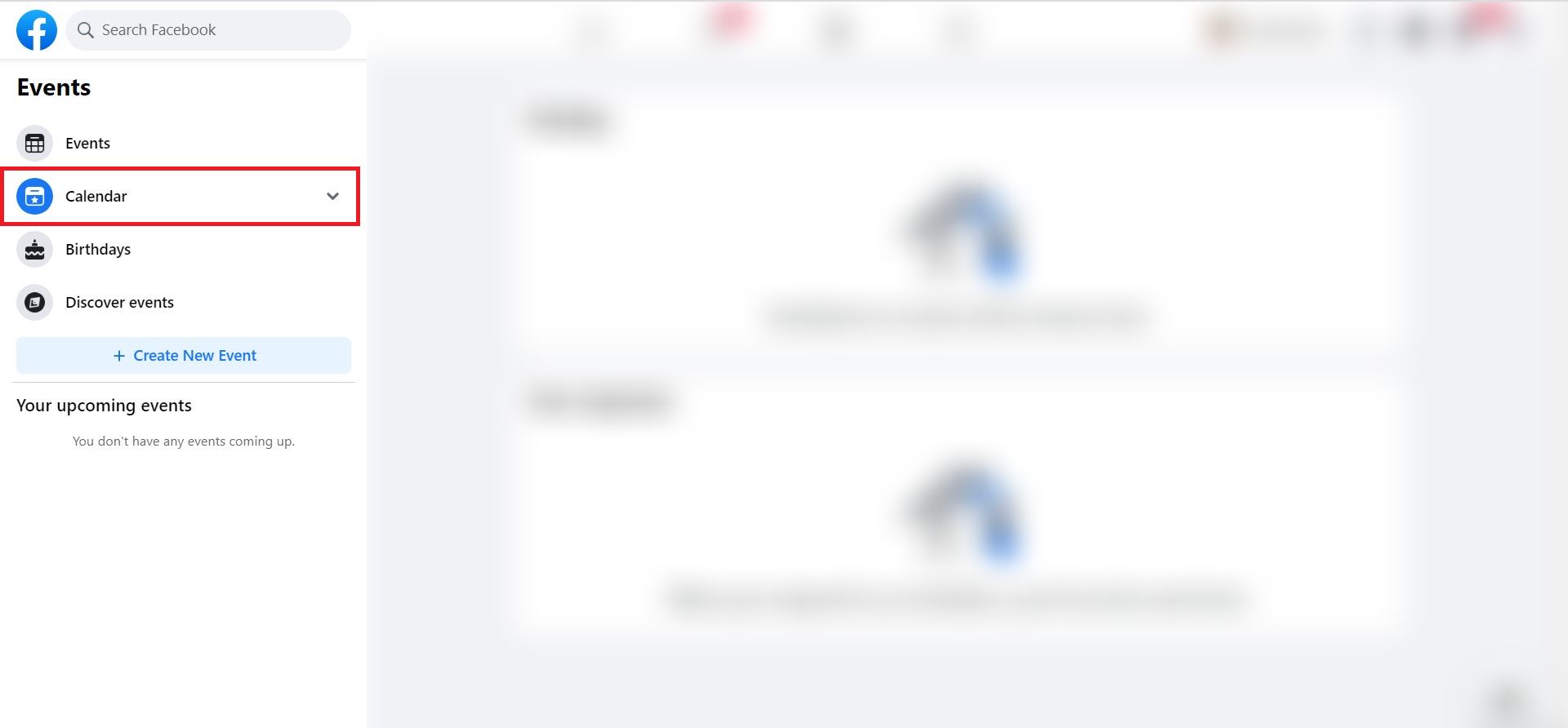 clicando na aba Calendário que fica abaixo da opção Eventos | Como encontrar aniversários no aplicativo do Facebook?