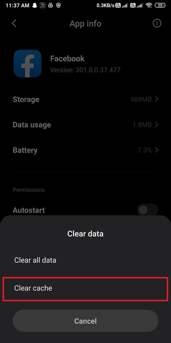 新しいダイアログボックスが表示され、[キャッシュをクリア]をクリックする必要があります。 | Facebookに今表示する投稿がもうない問題を修正