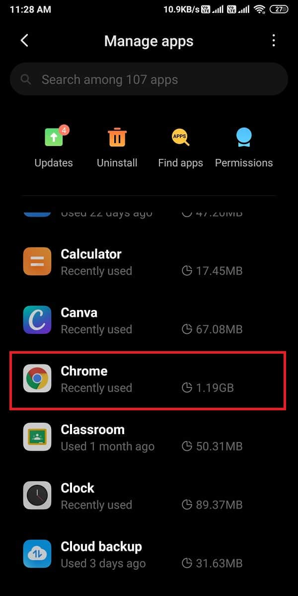 リストからChromeブラウザを検索してクリックします| Facebookに今表示する投稿がもうない問題を修正