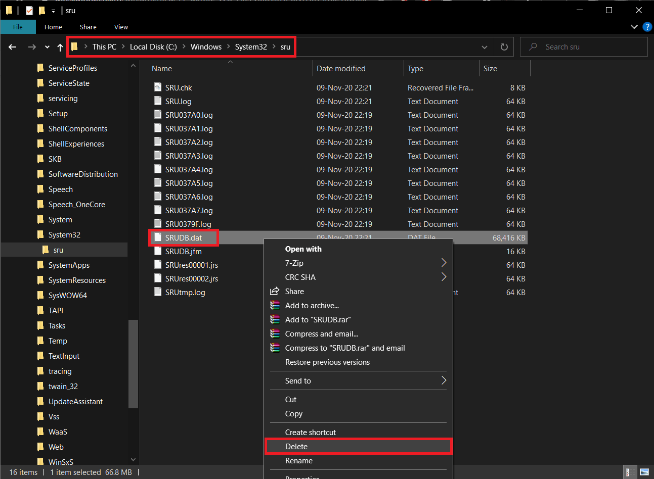 SRUDB.dat dosyasını bulun, üzerine sağ tıklayın ve Sil'i seçin. | Hizmet Ana Bilgisayarını Onar: Tanılama İlkesi Hizmeti Yüksek CPU
