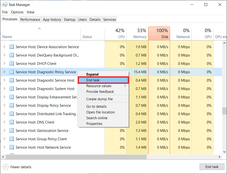 Windows işlemleri altında Hizmet Ana Bilgisayar Tanılama İlkesi Hizmetini bulun ve sağ tıklayın. Görevi sonlandır'ı seçin.