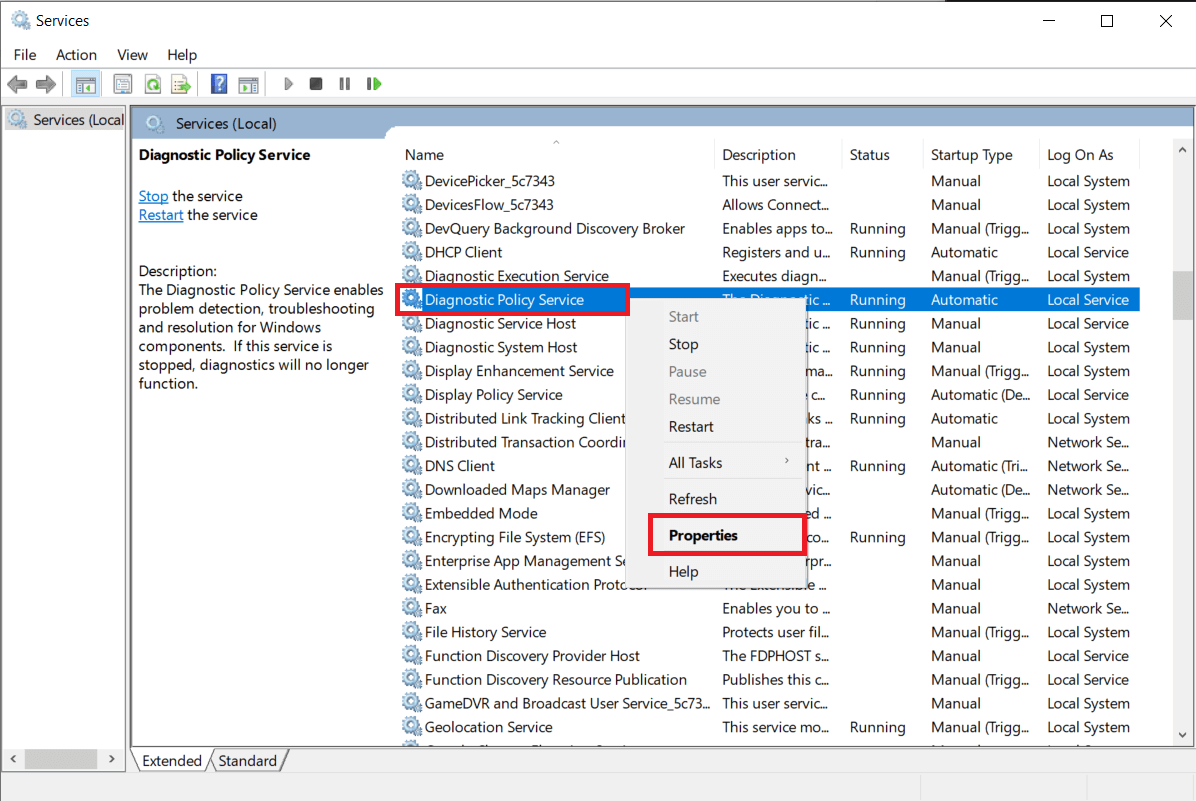 Tanılama İlkesi Hizmetini arayın, ardından sağ tıklayın ve Özellikler'i seçin.