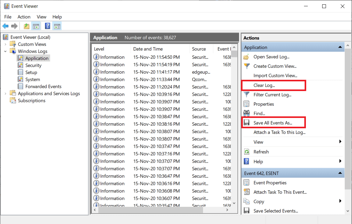 Tüm Olayları Farklı Kaydet'e tıklayarak mevcut olay günlüğünü kaydedin