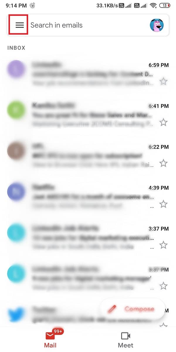 點擊漢堡圖標 |修復 Gmail 排隊和失敗錯誤