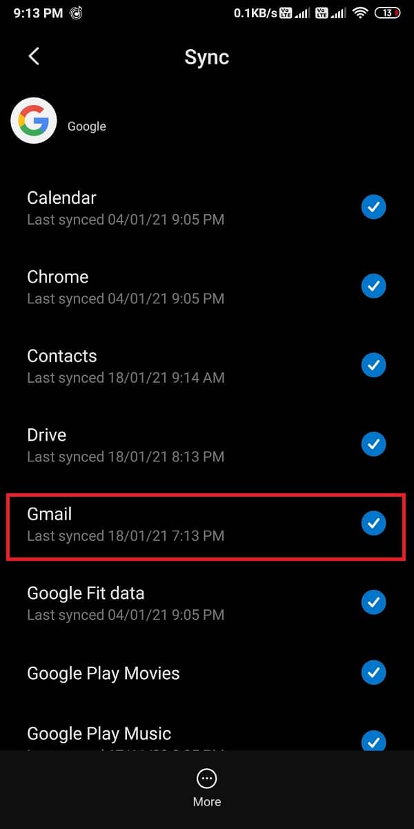 取消選中“Gmail”旁邊的圓圈。修復 Gmail 排隊和失敗錯誤
