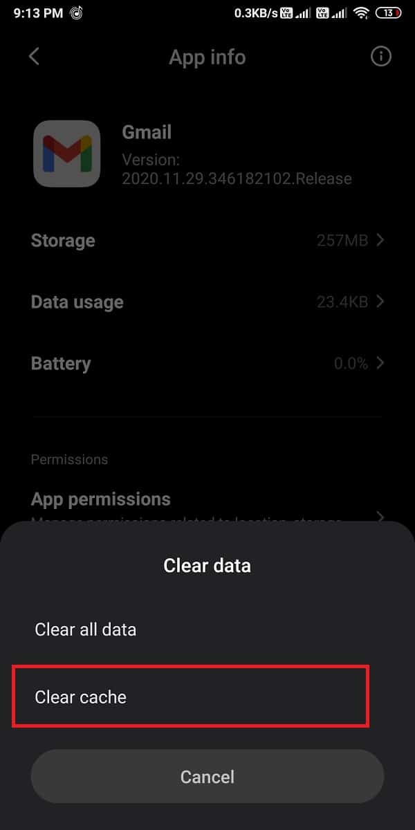 選擇“清除緩存”。修復 Gmail 排隊和失敗錯誤