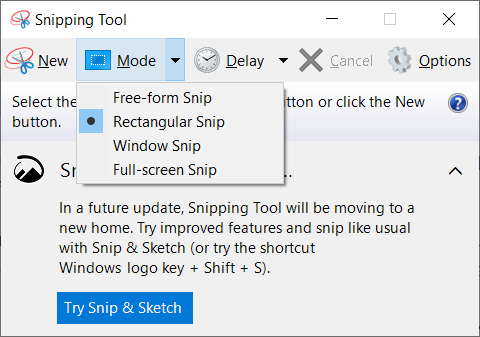 Options de mode sous Windows 10 Snipping Tool
