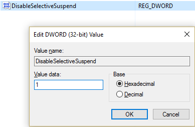 将 DisableSelectiveSuspend 键的值设置为 1 以禁用它