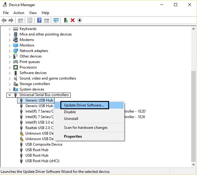 通用 USB 集线器更新驱动程序软件 | USB 端口在 Windows 10 中不工作 [已解决]