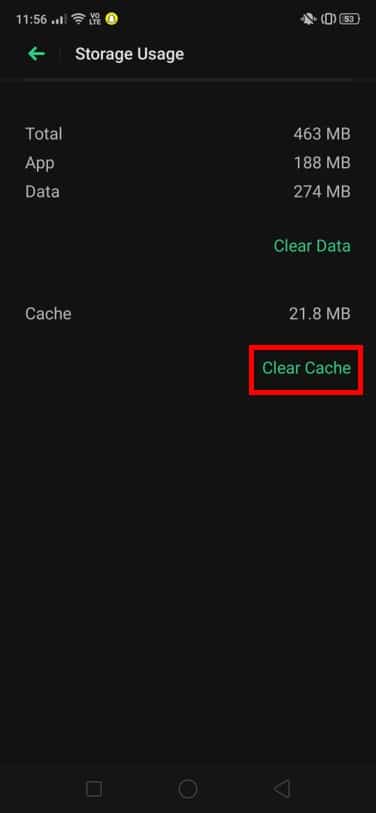 Appuyez sur Effacer le cache pour effacer avec succès toutes les données du cache. | Résoudre le problème d'écran noir de l'appareil photo Snapchat