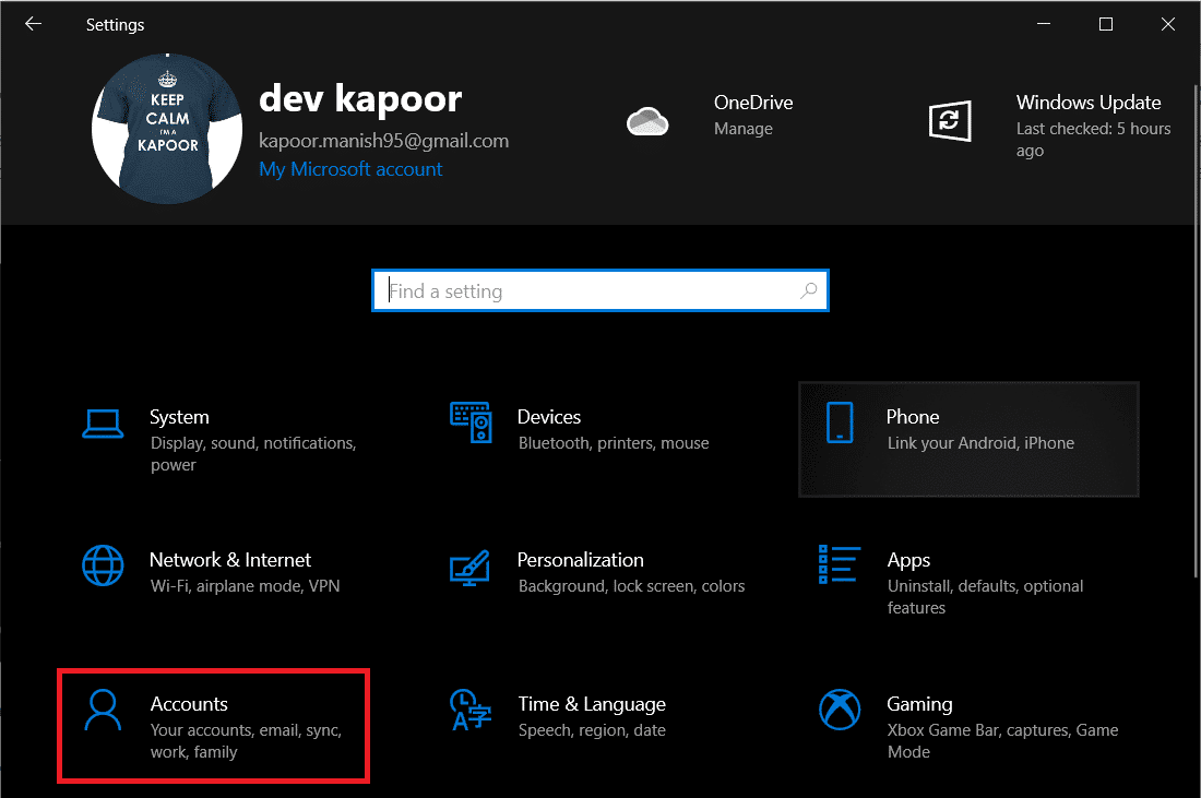 Cliquez sur Comptes | Correction : Windows SmartScreen ne peut pas être atteint pour le moment