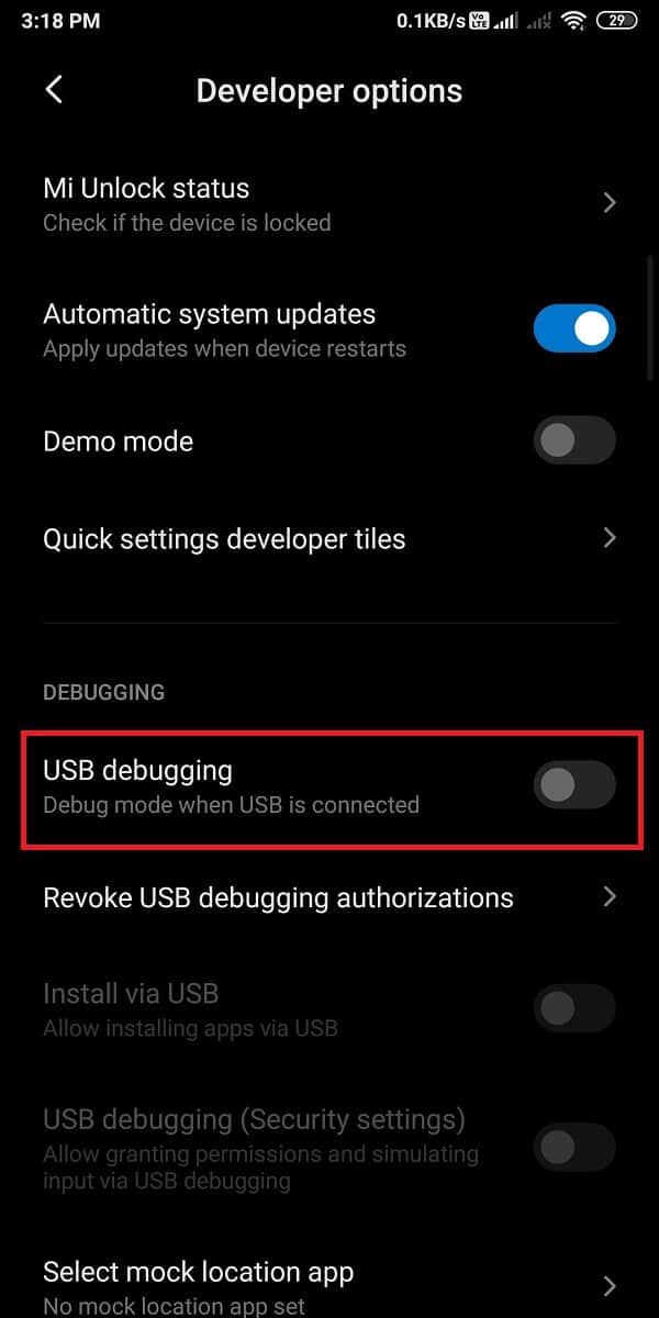Faites défiler vers le bas et activez la bascule pour le débogage USB