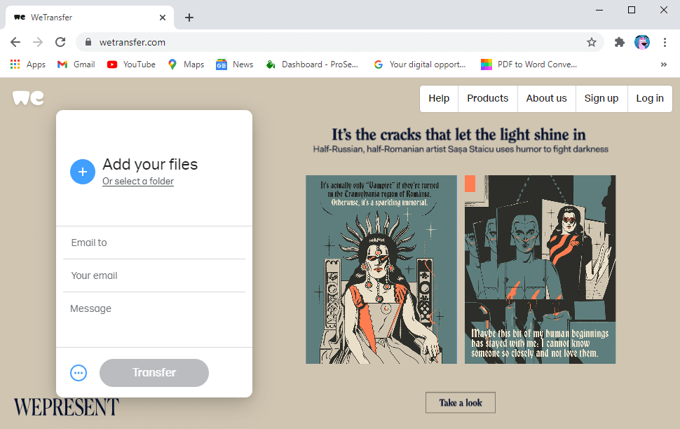 Ouvrez le site Web WeTransfer sur votre navigateur.
