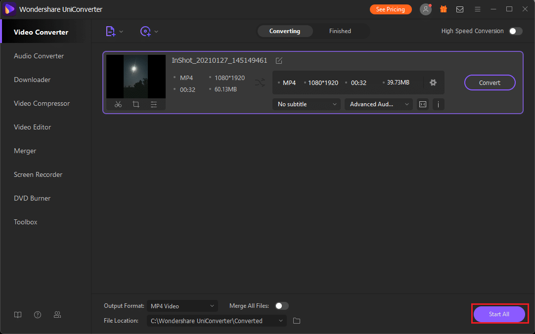 cliquez sur 'Commencer tout' pour commencer à compresser le fichier ou cliquez sur 'convertir' à côté du fichier.