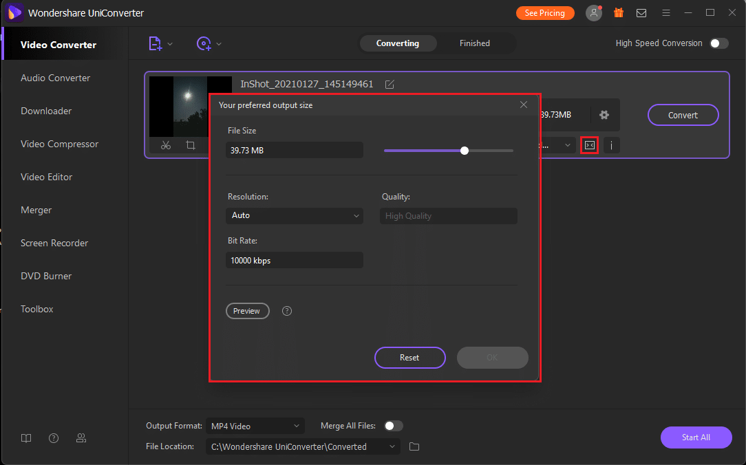 Sélectionnez l'icône de compression dans l'onglet cible