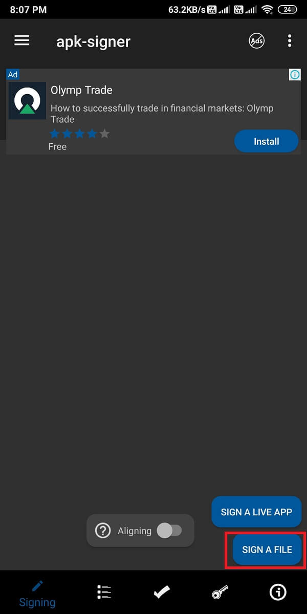 appuyez sur "Signer un fichier" en bas à droite de l'écran | Erreur d'application non installée sur Android