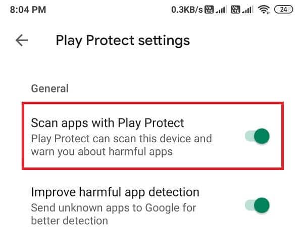 Désactivez l'option Analyser les applications avec Play Protect