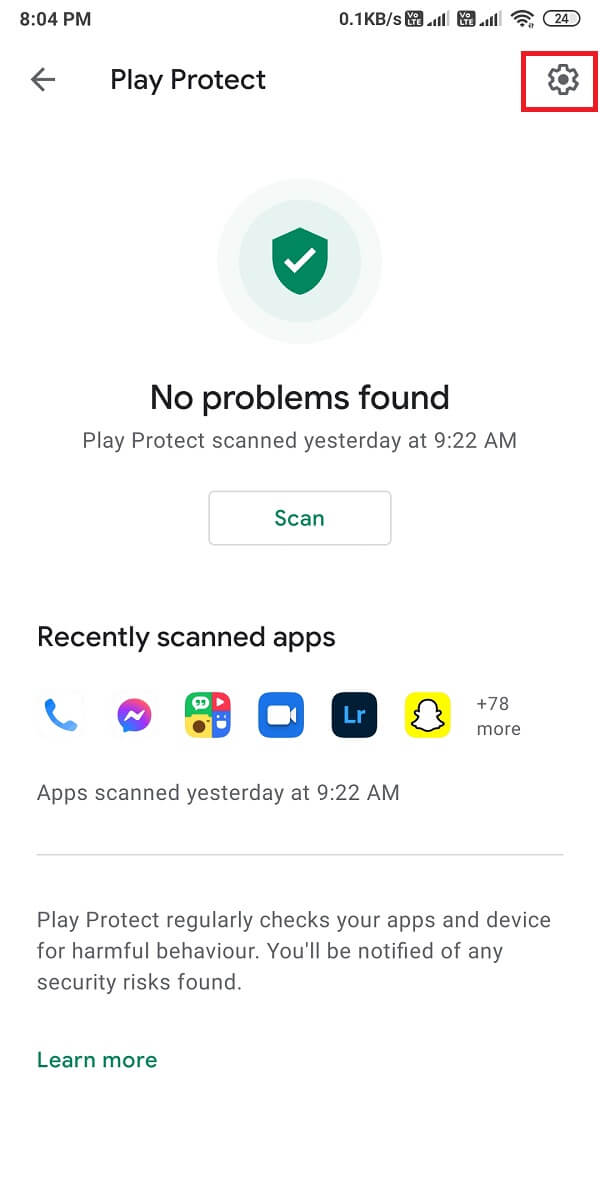 Dans la section "Play Protect", ouvrez Paramètres en appuyant sur l'icône d'engrenage | Erreur d'application non installée sur Android