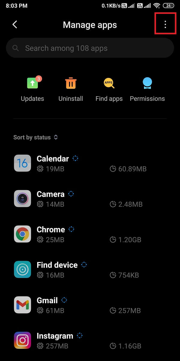 Dans gérer les applications, vous devez appuyer sur trois points verticaux