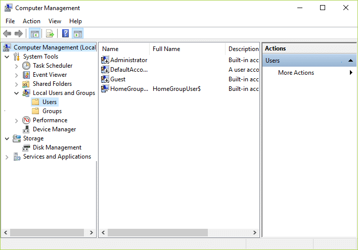 Maintenant, dans le menu de gauche, sélectionnez Utilisateurs sous Utilisateurs et groupes locaux. | Activer ou désactiver le compte administrateur sur l'écran de connexion dans Windows 10