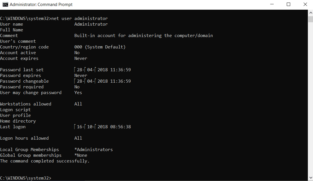 Le statut de "Compte actif" devrait maintenant être "Non". | Activer ou désactiver le compte administrateur sur l'écran de connexion dans Windows 10