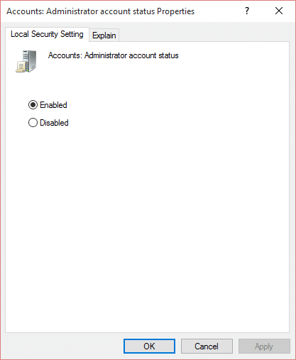Pour activer la coche du compte administrateur intégré Activé
