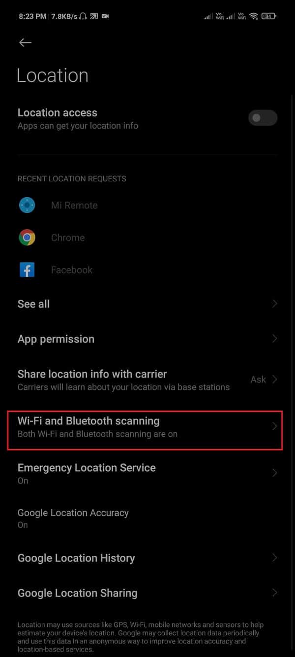 Recherchez maintenant l'option de numérisation Wi-Fi et Bluetooth et appuyez dessus. | Correction du signal GPS Pokemon Go introuvable