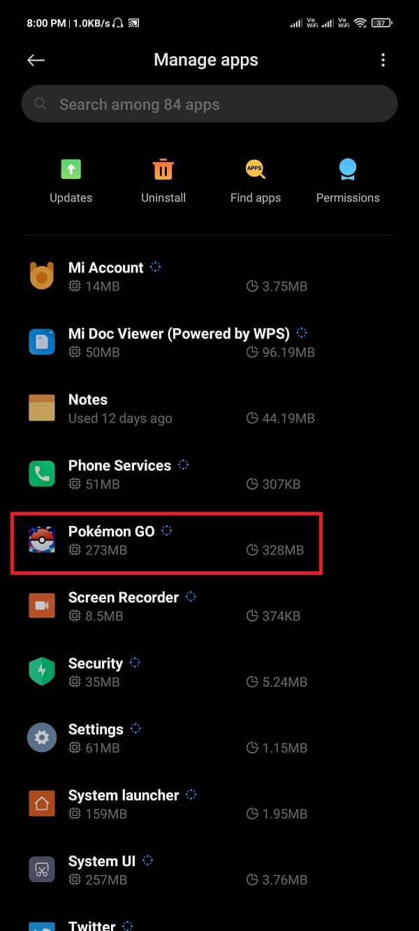 faites défiler la liste des applications installées et sélectionnez Pokemon GO. | Correction du signal GPS Pokemon Go introuvable