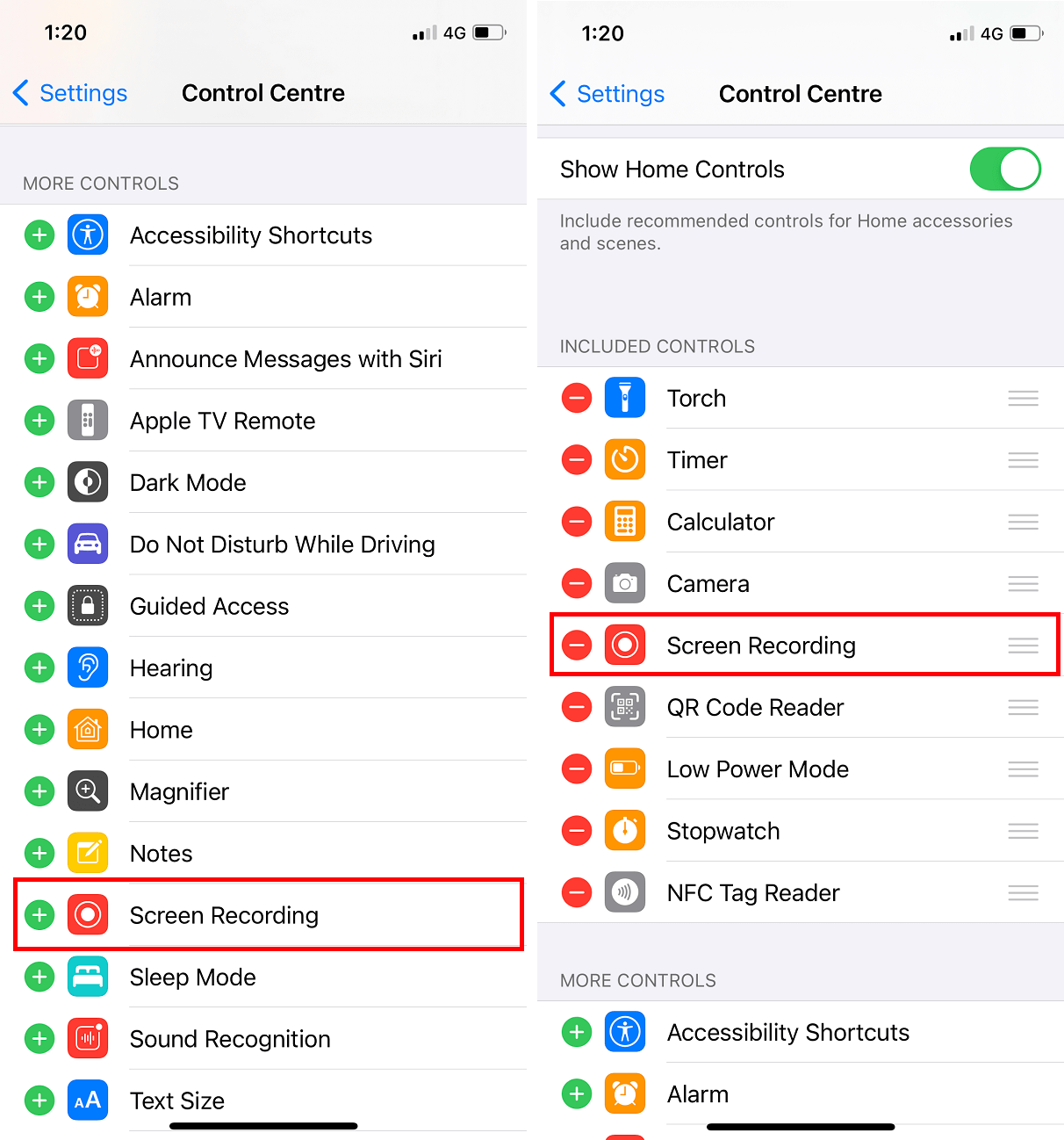 Sub „MAI MULTE CONTROLI” atingeți opțiunea Înregistrare ecran pentru a o adăuga la lista dvs. de comenzi active