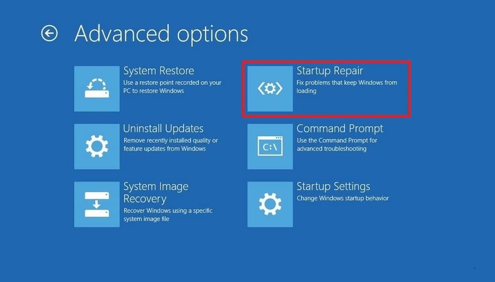 cliquez sur l'option Startup Repair pour lancer une analyse.