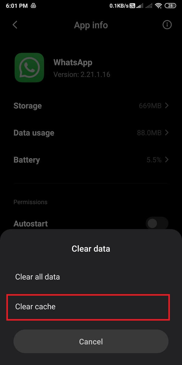 Dans la fenêtre contextuelle, choisissez "Effacer le cache" et appuyez sur OK. | Correction des images Whatsapp ne s'affichant pas dans la galerie