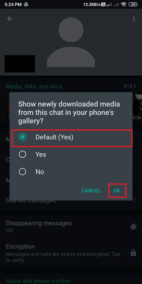 Enfin, sélectionnez '(Default) yes.' | Correction des images Whatsapp ne s'affichant pas dans la galerie