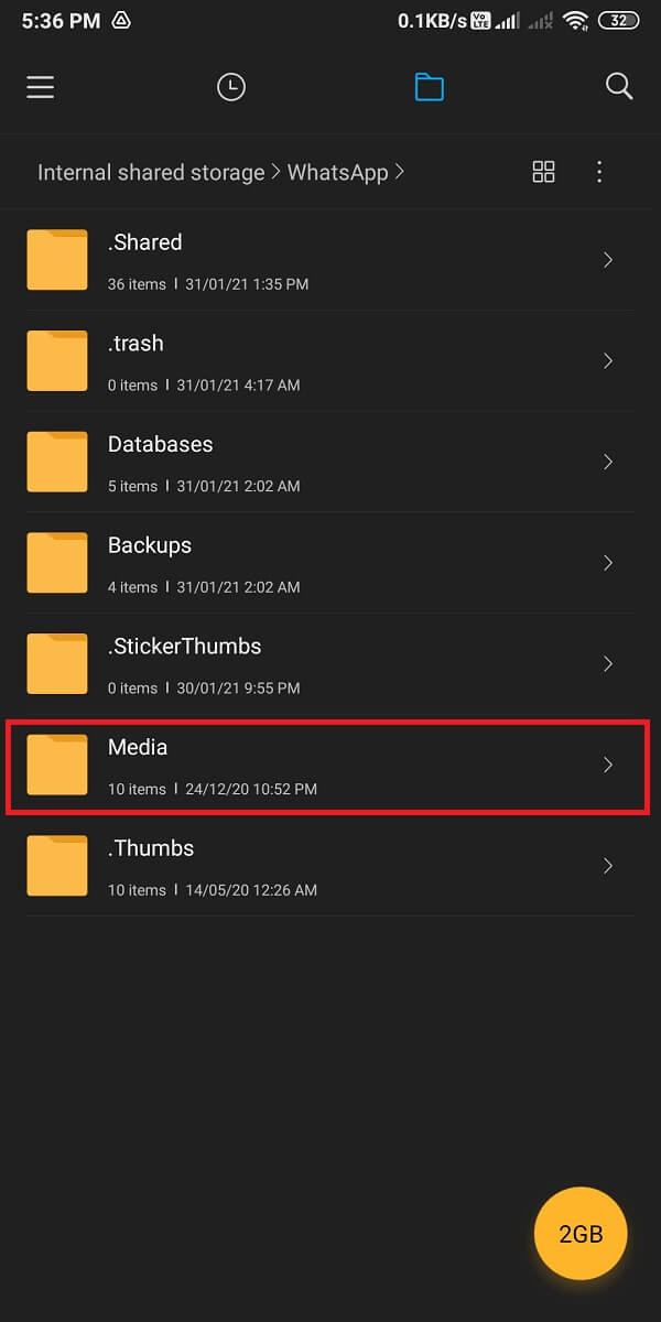 Dans le dossier WhatsApp, appuyez sur Médias. | Correction des images Whatsapp ne s'affichant pas dans la galerie