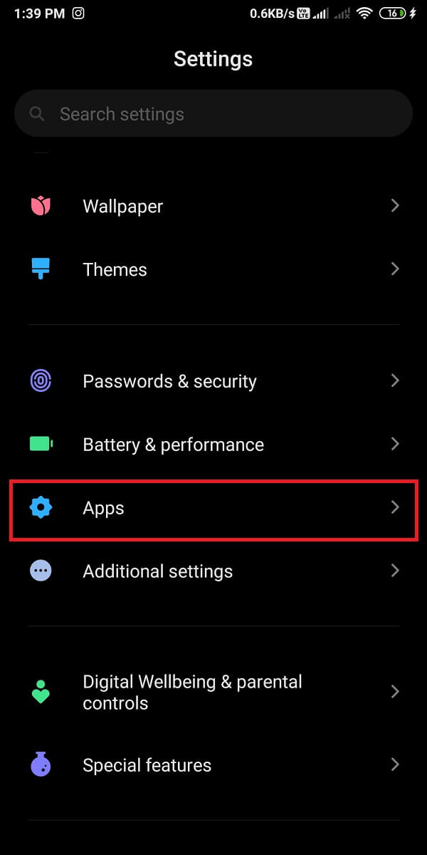 Recherchez et ouvrez "Applications et notifications". | Correction des images Whatsapp ne s'affichant pas dans la galerie