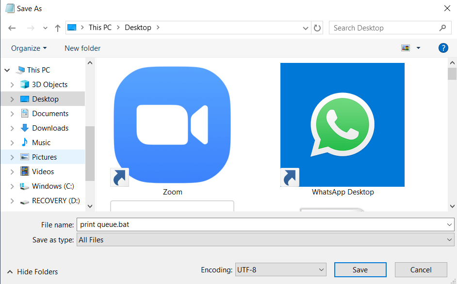 Cliquez sur "Fichier" et choisissez "Enregistrer sous". Nommez le fichier avec l'extension ".bat" | Comment effacer la file d'attente d'impression sous Windows 10 ?