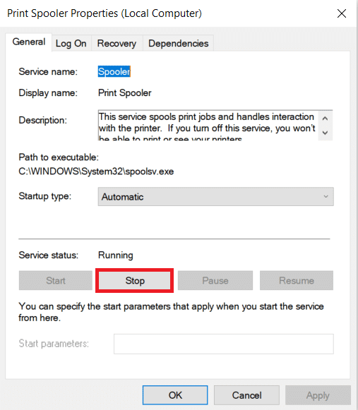 Cliquez sur 'Stop' dans l'onglet propriétés | Comment effacer la file d'attente d'impression sous Windows 10 ?