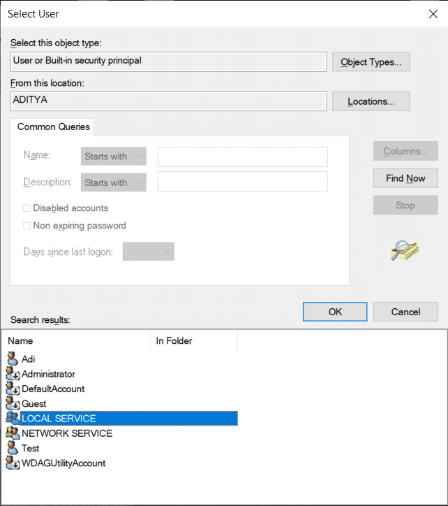 Acum faceți clic pe butonul Găsiți acum, apoi selectați SERVICIUL LOCAL din rezultatele căutării.