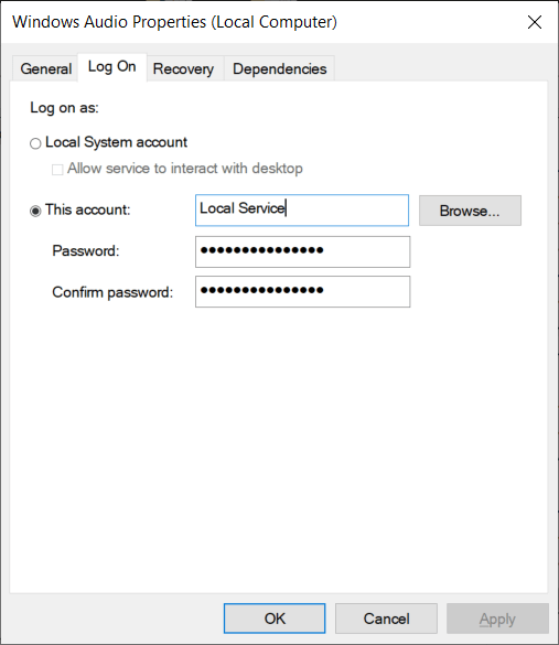 Din fila Conectare, selectați Acest cont și asigurați-vă că Serviciul local este selectat cu Parolă