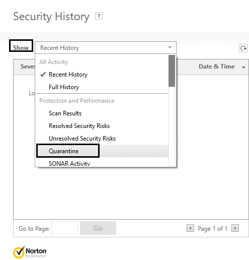 selectați carantină din show norton