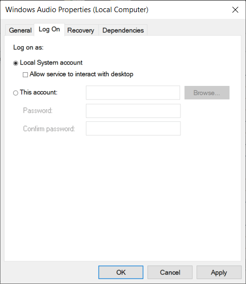 Navigați la fila Conectare | Remediați serviciile audio care nu răspund în Windows 10