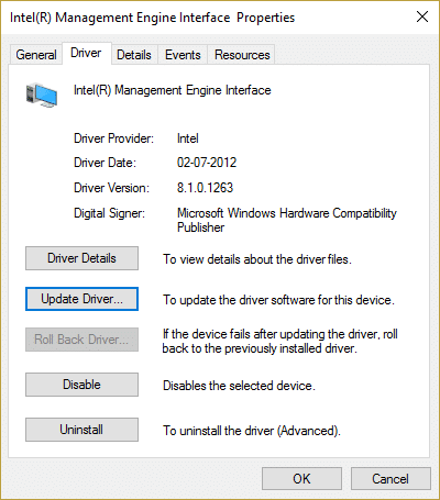 Clique em Atualizar driver nas propriedades da interface do Intel Management Engine
