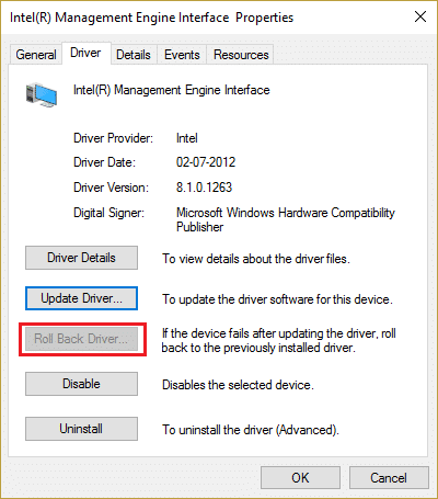 Clique em Reverter driver na guia Driver para Propriedades da interface do mecanismo de gerenciamento Intel