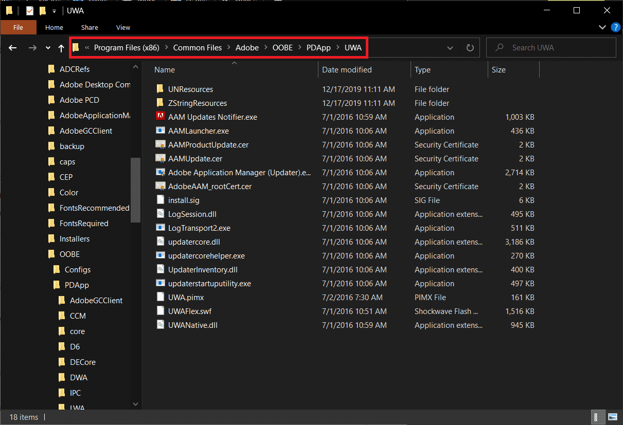 Supprimez le dossier UWA. | Correction : erreur "Le logiciel Adobe que vous utilisez n'est pas authentique"