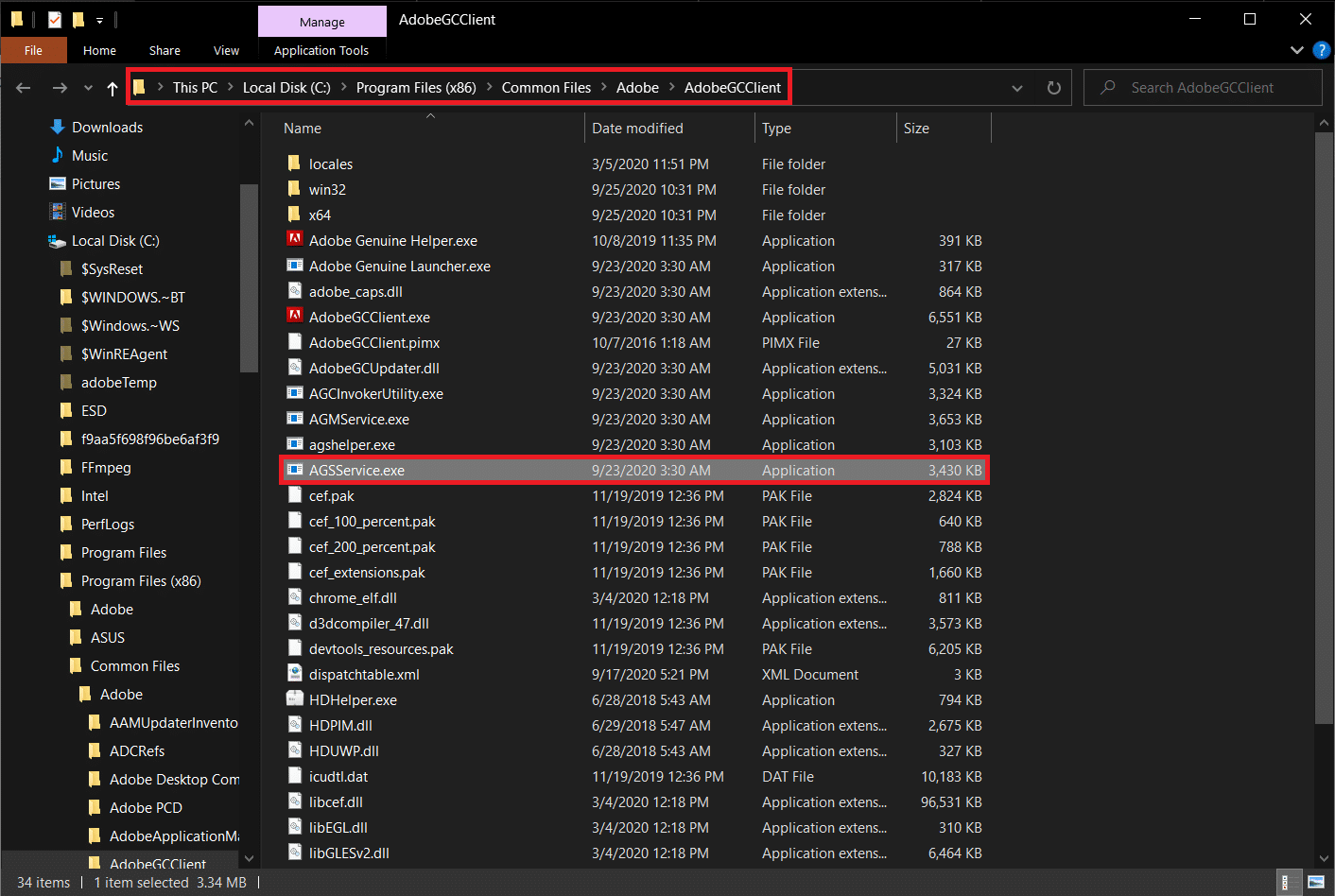 Supprimez le dossier AdobeGCIClient ouvert à l'étape 4