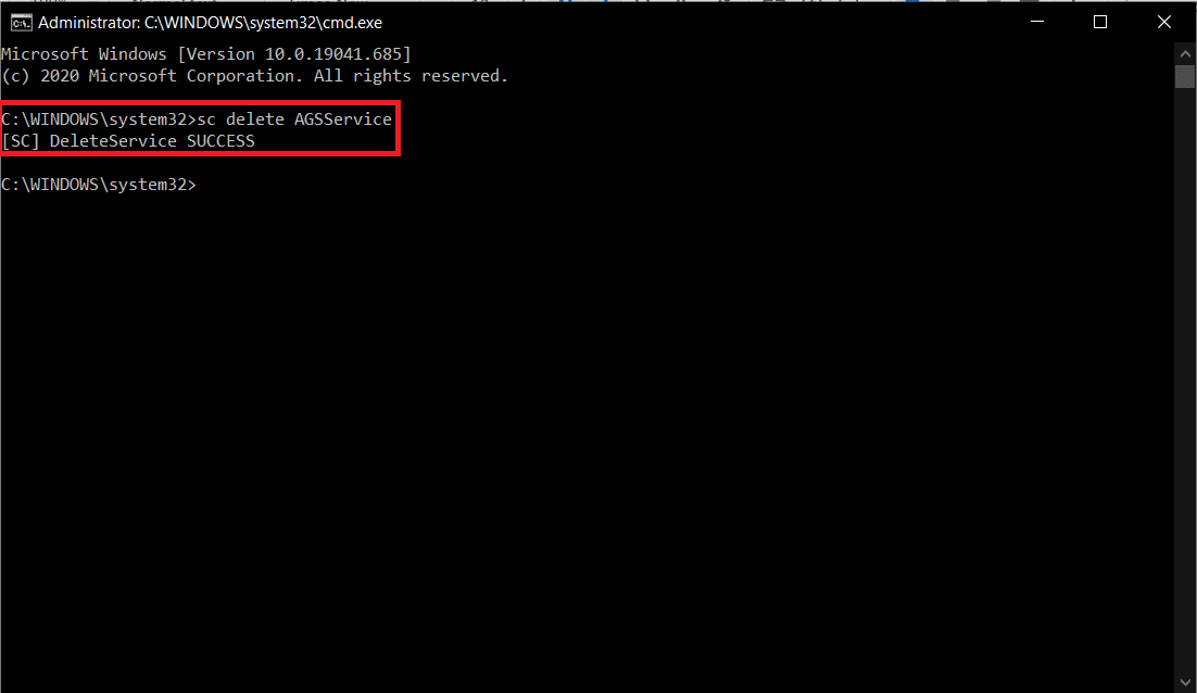 Pour supprimer le service, tapez soigneusement sc delete AGSService et appuyez sur Entrée pour exécuter.