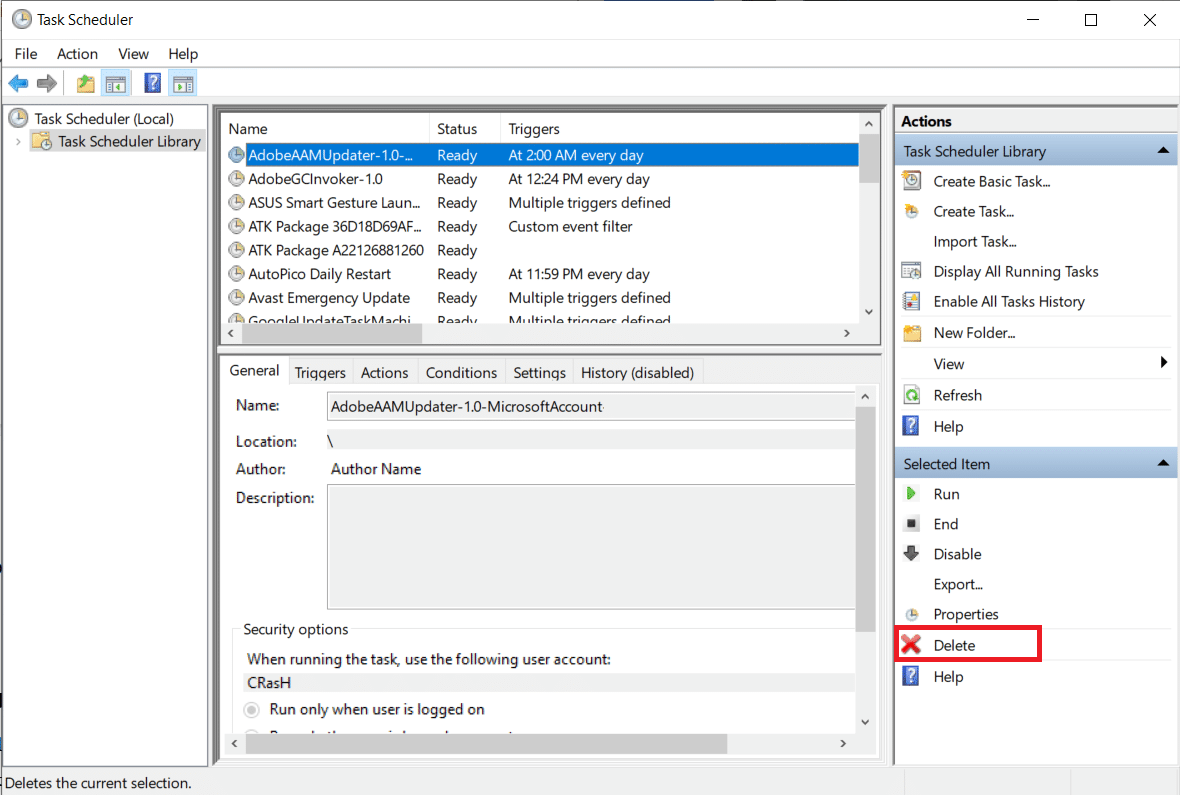 cliquez sur l'option Supprimer sous l'élément sélectionné.