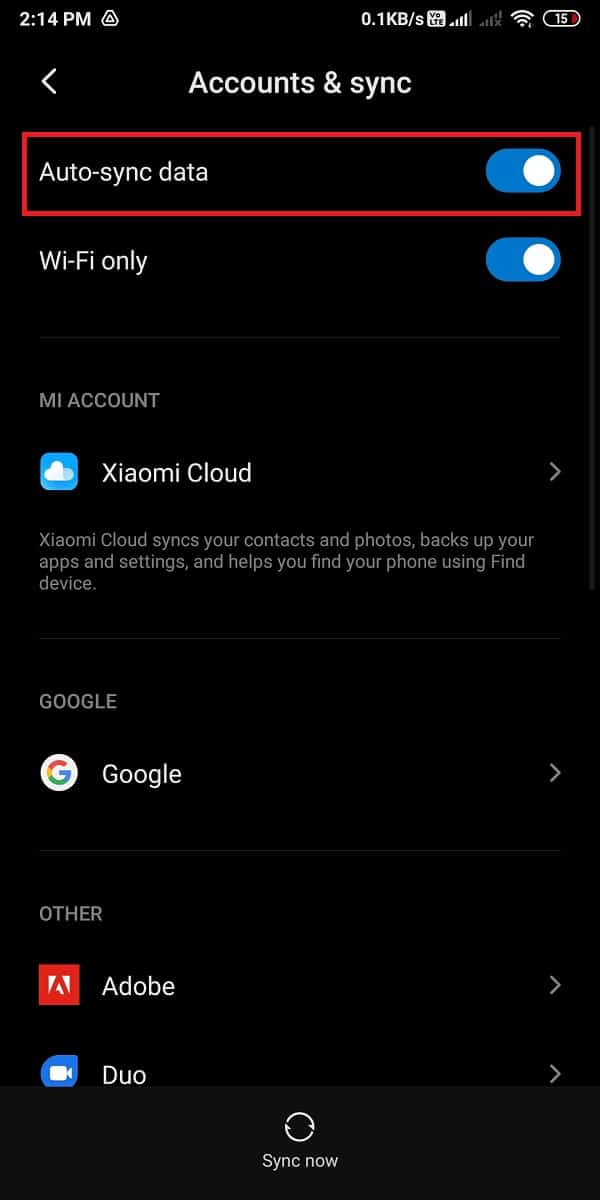 Après avoir localisé l'option "Synchronisation automatique", vous pouvez désactiver la bascule pendant 30 secondes et la rallumer