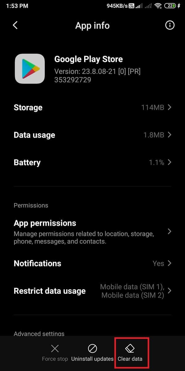 Après avoir localisé le Google Play Store, appuyez sur "Effacer les données" | Correction de l'impossibilité de télécharger des applications sur votre téléphone Android