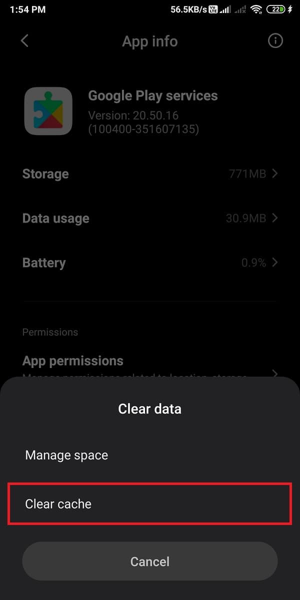 Une fenêtre apparaîtra, appuyez sur "Effacer le cache". | Correction de l'impossibilité de télécharger des applications sur votre téléphone Android