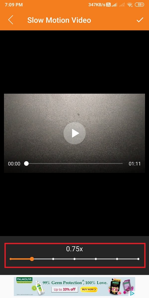 Maintenant, faites glisser le curseur de vitesse depuis le bas et définissez la vitesse de ralenti pour la vidéo.